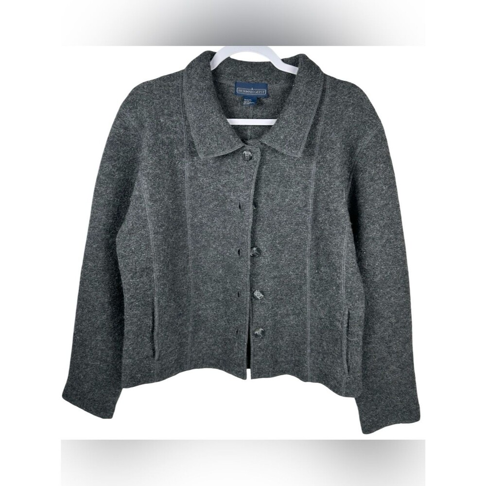 Herman Geist Gray 100% Wool Button Front Cardigan Sweater Jacket Size Medium